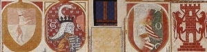 da sinistra a dx lo stemma del podestà Andrea Zane (1405) lo stemma del capitano Gerardo Aldighieri (circa 1397) lo stemma del podestà Moschino Rusconi (circa 1397) il vessillo di Bassano (1405)