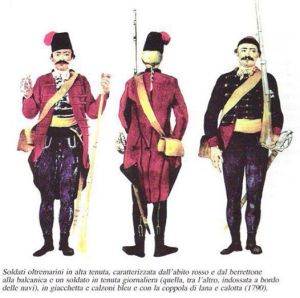 Ultime uniformi deglo Oltremarini. la rossa era per le occasioni ufficiali, la blu per il servizio quotidiano.